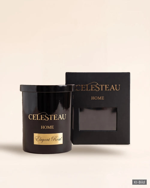Duftkerze Elegant Rosé von Celesteau im schwarzen Glas mit Geschenkkarton (KI-Bild)
