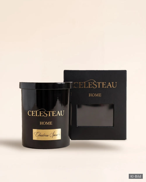 Duftkerze Christmas Spice von Celesteau im schwarzen Glas mit Geschenkkarton (KI-Bild)