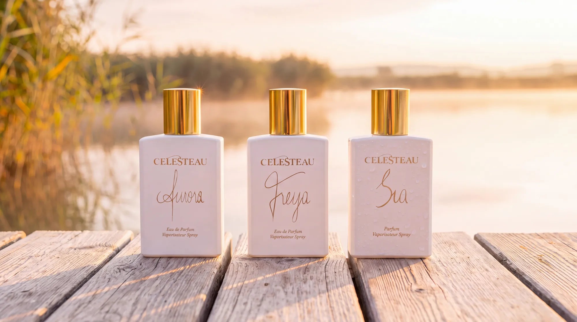 Celesteau Aurora, Freya und Sia auf einem Steg am Neusiedler See bei Sonnenaufgang